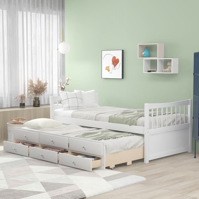 Twin Size Daybed with Pull-Out Trundle & 3 Storage Drawers, Solid Wood Captains Bed Frame for Kids Guests, No Box Spring Needed