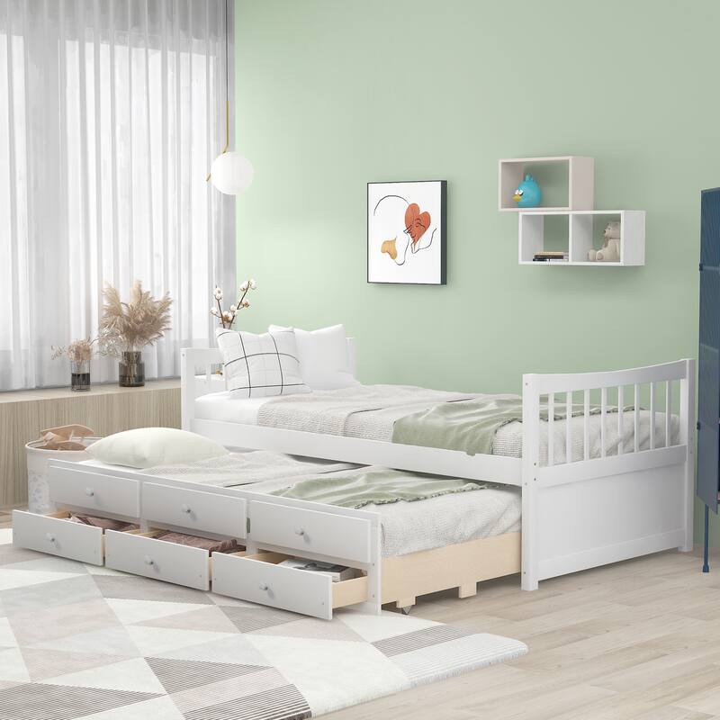 Wooden Twin/Full Size Daybed with Pull-Out Trundle & Drawers, No Box Spring Needed - White - Twin