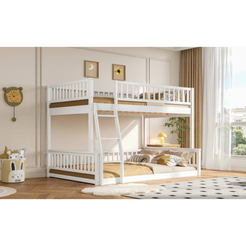 Roomfitters Full XL Over Queen Bunk Bed with Ladder and Guardrails, Solid Wood Frame, White