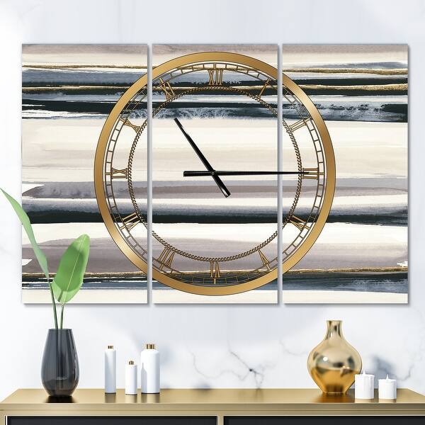 slide 2 of 6, Designart 'Gold Watercolor Amethyst II' Glam 3 Panels Large Wall CLock - 36 in. wide x 28 in. high - 3 panels