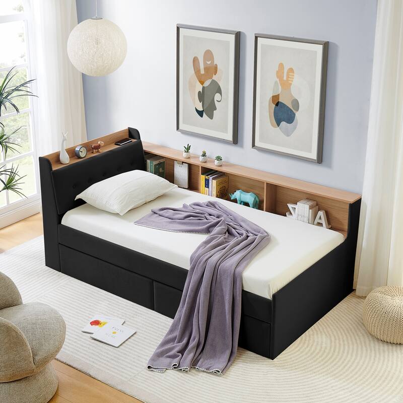 Twin Size Velvet Upholstered Daybed with Storage Headboard, LED and Wireless Charging - Optional Trundle Bed or Storage Drawers