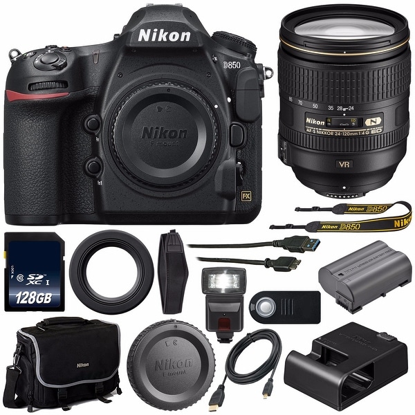 Nikon D850 DSLR Camera (Body Only) + Nikon 24-120mm f/4G Lens + 128GB SDXC Card + Mini HDMI Cable + Universal Remote Bundle