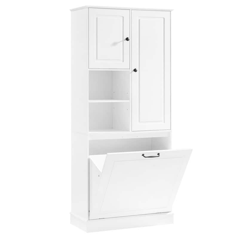 Tall Storage Cabinet with Adjustable Shelves, Large Flip-Out Basket & Enclosed Cabinets