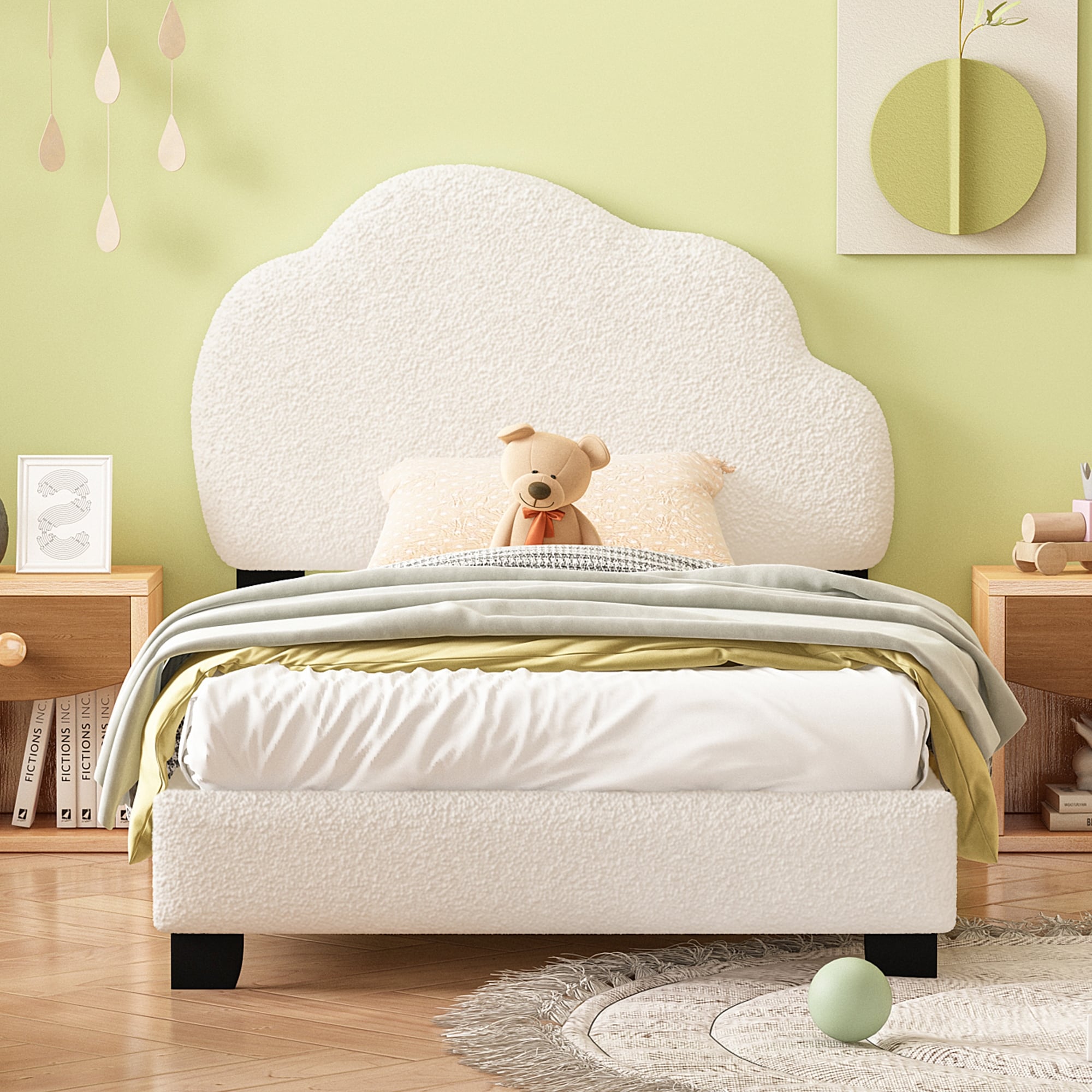 Twin Size Upholstered Boucle Fabric Platform Bed with Cloud Shaped Headboard Pine Wood Bed Frame for Kids Boys Girls White