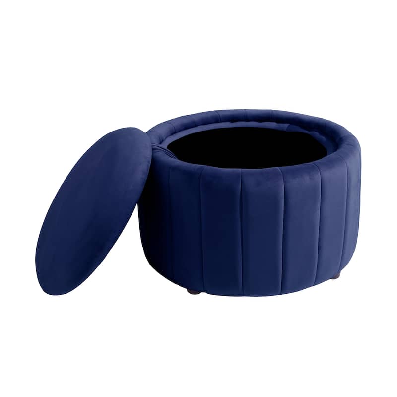 30" W Round Velvet Upholstered Storage Ottoman with Flip Top Tray