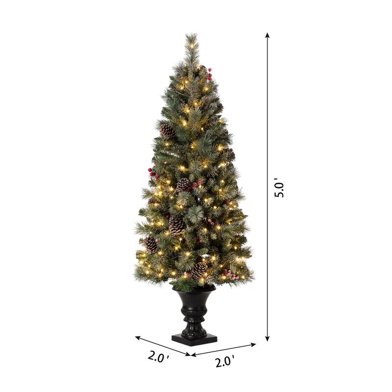 Glitzhome 4/5ft Pre-Lit Snow Flocked Christmas Tree in Pot, Berry Bow Wreath and Garland Set Xmas Decor