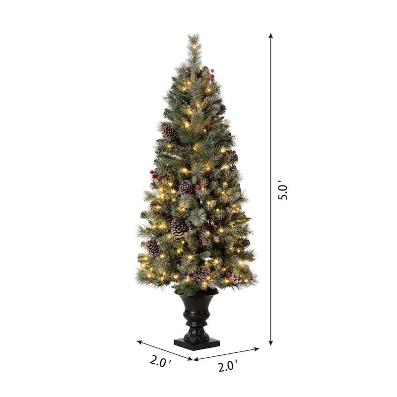 Glitzhome 4ft/5ft/6ft Flocked Pine Christmas Potted Tree with Warm White Lights Porch Decor