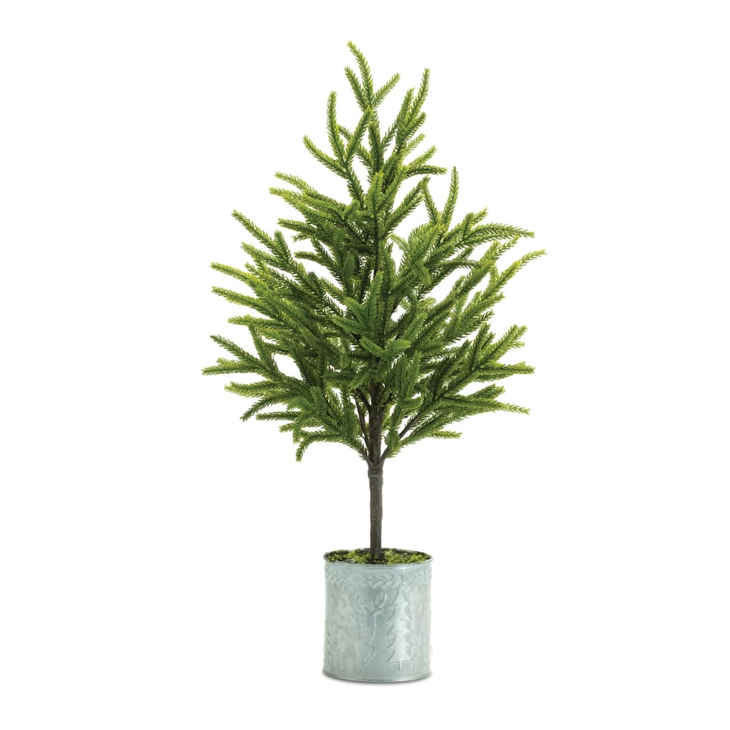 Set of 2 Pre-Lit Mini Pine Trees in Galvanized Deer Planters 23” Rustic Farmhouse Christmas Decor for Indoor Use