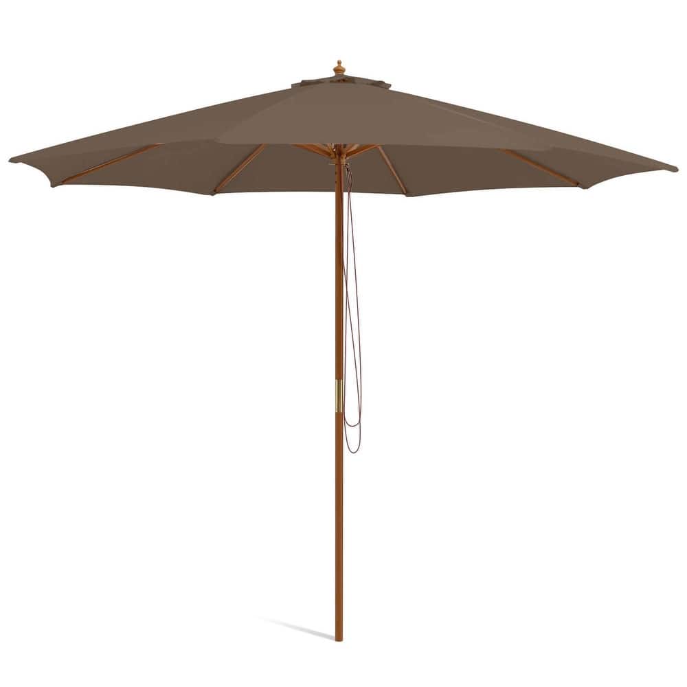 Gymax 10FT Wooden Market Table Umbrella Pulley Sunshade Canopy w/8