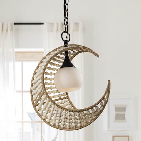Farmhouse Bohemia Single Light Beaded Crescent Moon Pendant Light - 15-in W