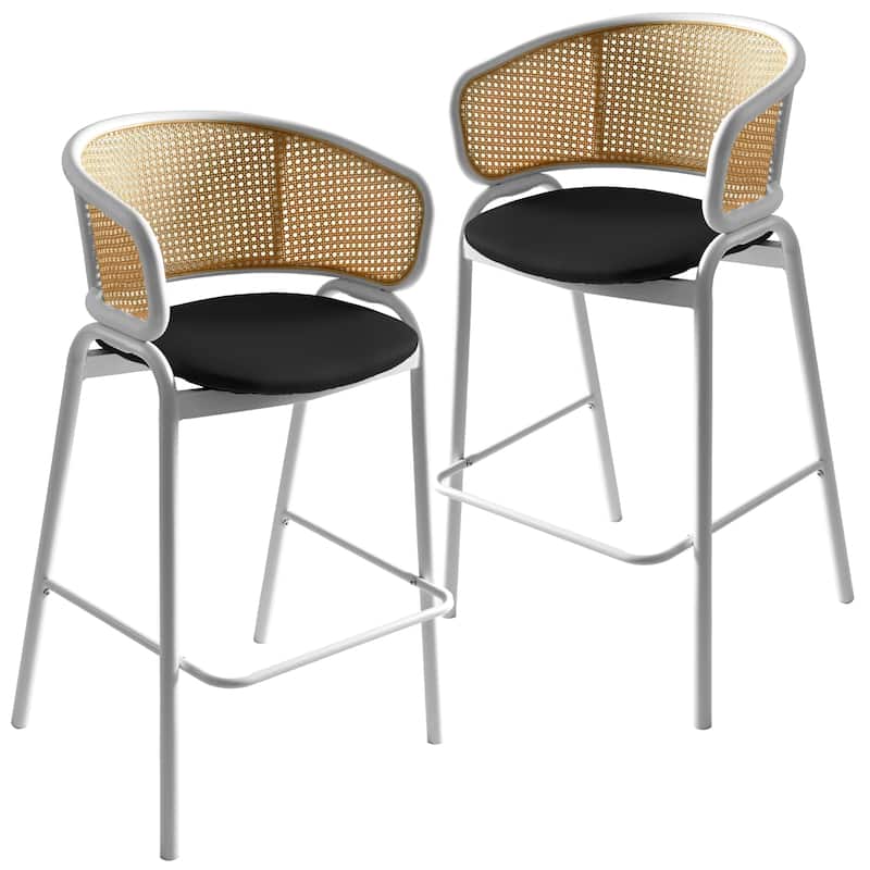 LeisureMod Ervilla Set of 2 Modern Wicker Leather Bar Stool with Curved Back & White Steel Frame for Home Office Dining Room - Black
