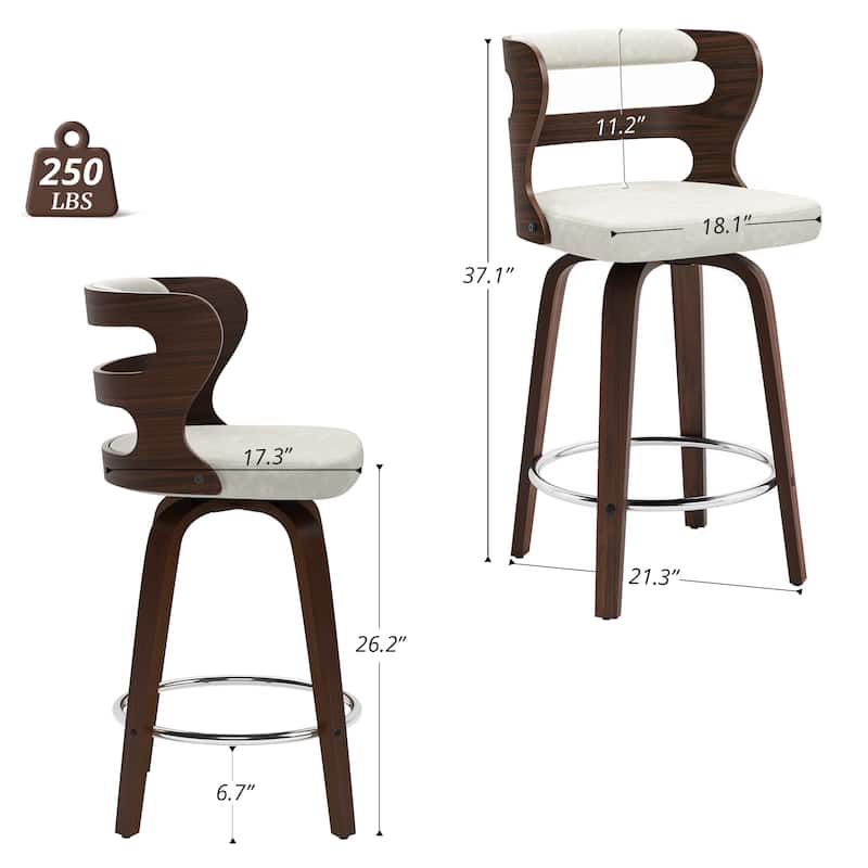 LUE BONA 26" Walnut and Faux Leather Swivel Counter Bar Stools With Backs - 26" H