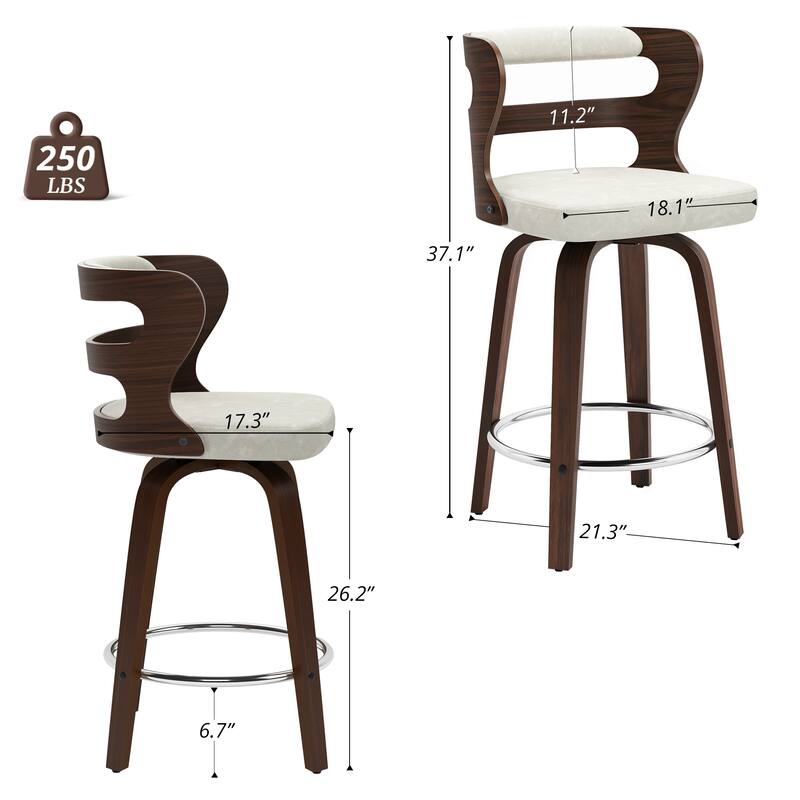 26 in. Swivel Counter Bar Stools, Bar stool with Bent Wood Legs & Round Footrest - 26" H