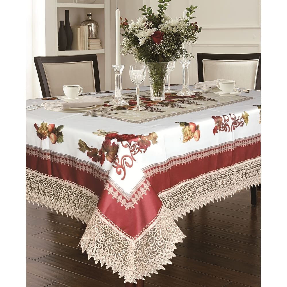 Violet Linen Fruttela Decorative Printed With Lace Trimming Pattern Tablecloth