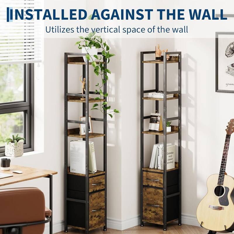 6 Tier Tall Bookshelf with Drawers, Freestanding Display Storage Shelves