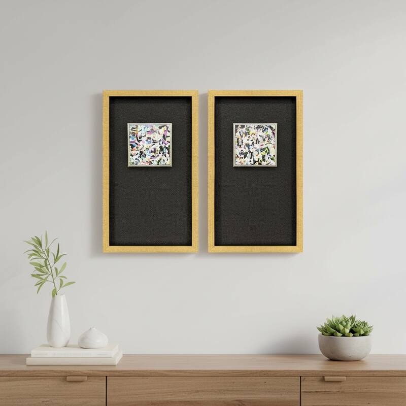HomeRoots Set Of Two Multi Color Modern Abstract Gold Framed Wall Art - 14.00 in. x 24.00 in. x 2.00 in.
