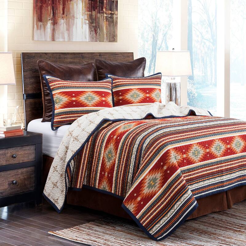 Paseo Road Del Sol Aztec Western Bedding 3 Piece Reversible Quilt Set with Pillow Shams