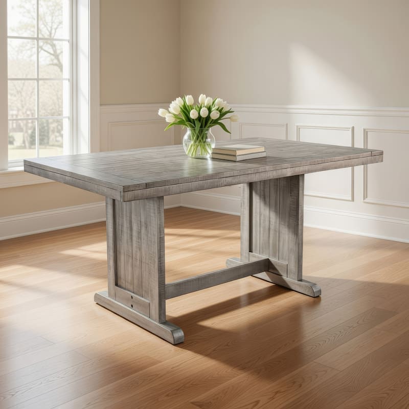 Zeka Dining Table, 60 Inch Top, Double Pedestal, Gray Solid Wood - Weathered Gray