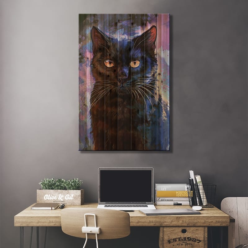 Black Cat Print On Wood by Louise Goalby - Multi-Color