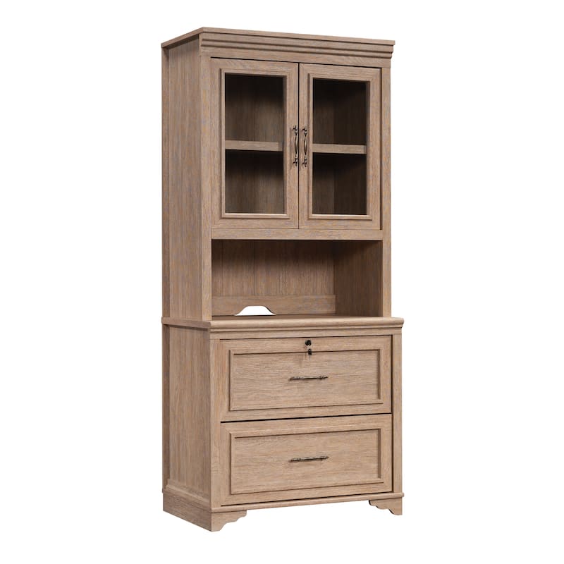 Wood Library Hutch with Glass Doors, Brown - 31.50" W x 17.68" D x 42.17" H
