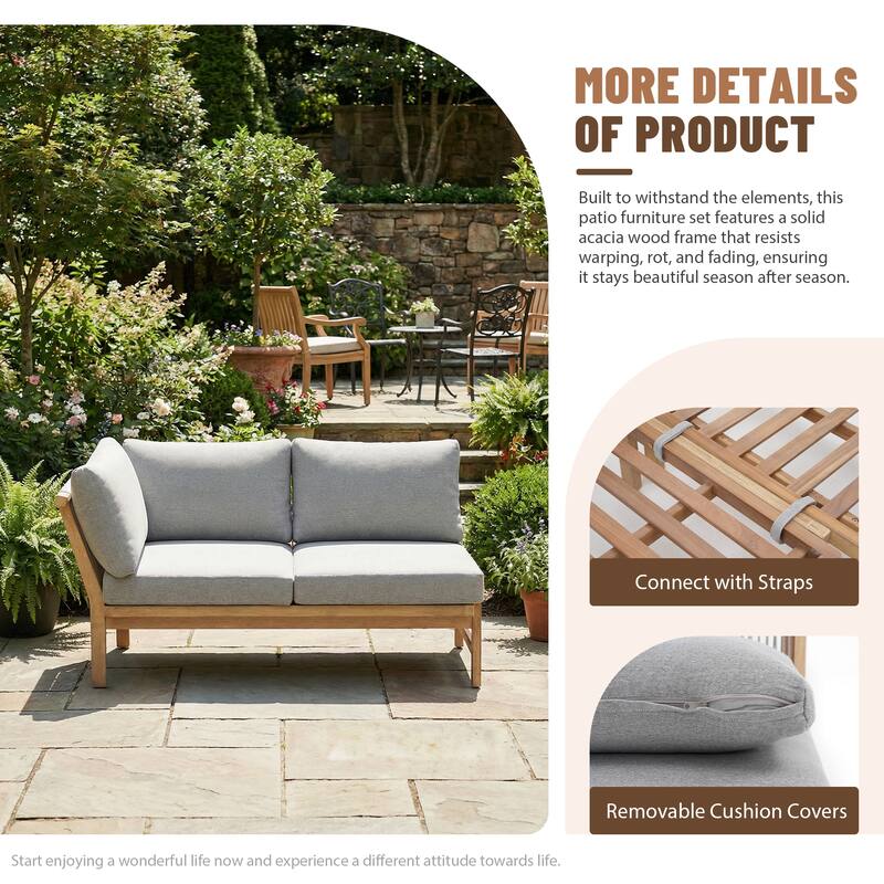 Outdoor Sectional Sofa Set 6-Piece Acacia Wood L-Shaped Corner Sofa Set with Dining Table & Ottoman