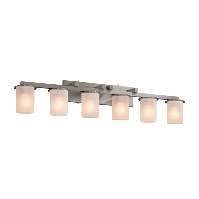 Justice Design Fusion Dakota 6-light Brushed Nickel Bath Bar, Frosted Crackle Cylinder w/ Flat Rim Shade
