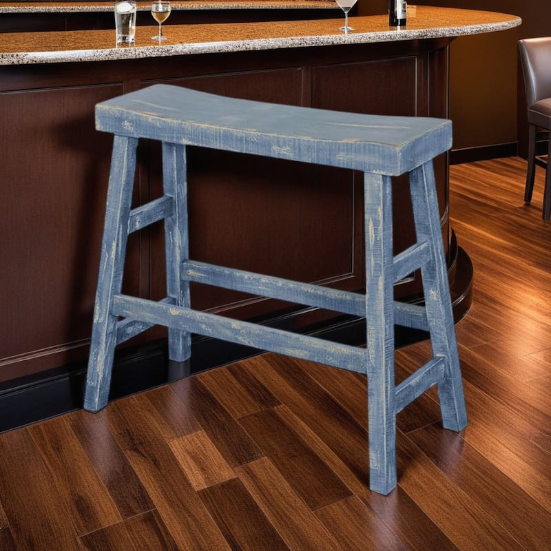Rena Bar Height Bench | Trestle Legs with Footrests | 33" Wide Rustic Ocean Blue Mahogany Wood