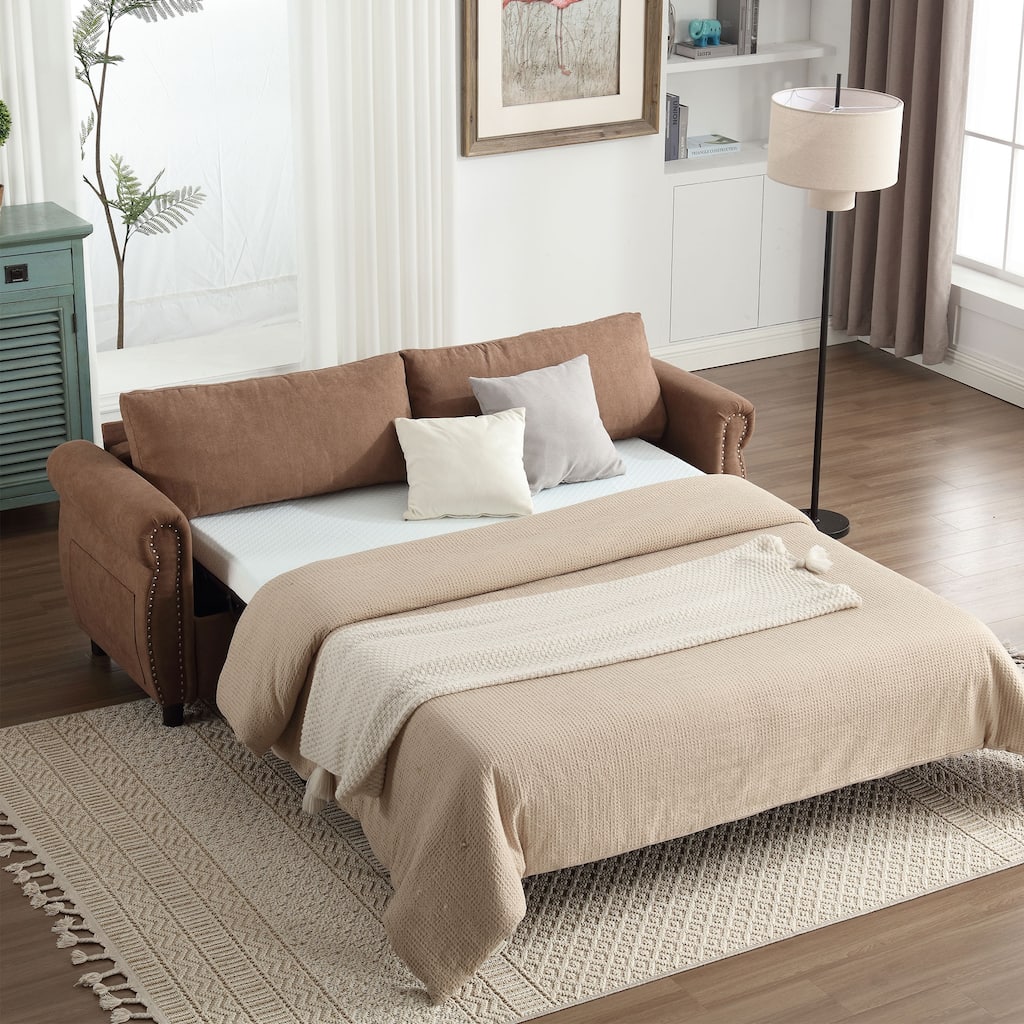 63″ Polyester 3-Seater Sleeper Sofa with Pull-Out Mattress & Retro Rivet Arms