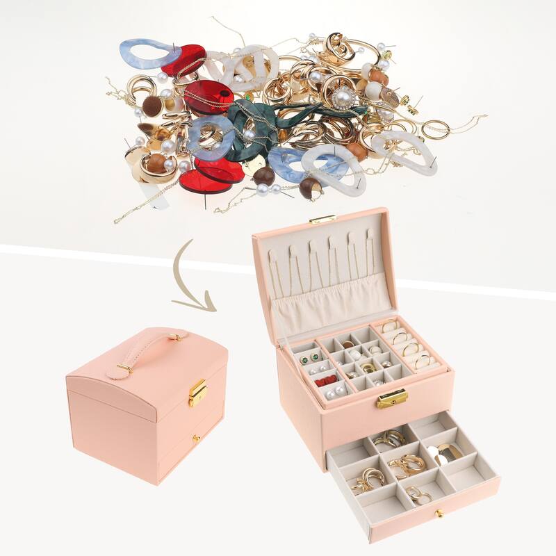 3 Layer Jewelry Box, PU Leather Jewelry Organizer Case Storage Display Holder with Drawer, Removable Jewelry Tray - 17*14*13cm - Pink