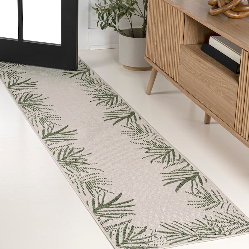 JONATHAN Y Beckett Coastal Cottage Palm Frond Border Blue/Cream Indoor/Outdoor Area Rug