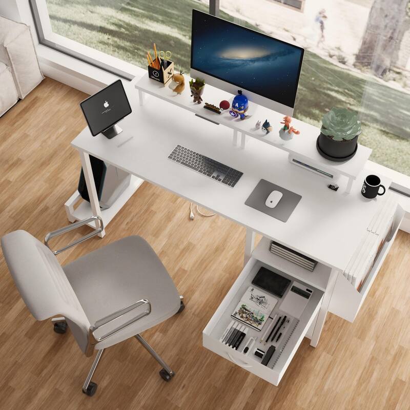 Anmytek Sturdy Office Desk with Power Outlet 2 Monitor Stands 2 Drawers Side Pocket Reversible Frame