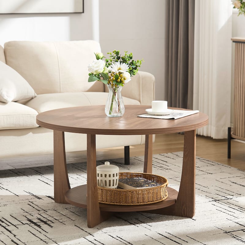 31.5" Round Coffee Table with Solid Wood Legs and 2-Tier Storage - 31.5"Dia x 17.72"H - Walnut