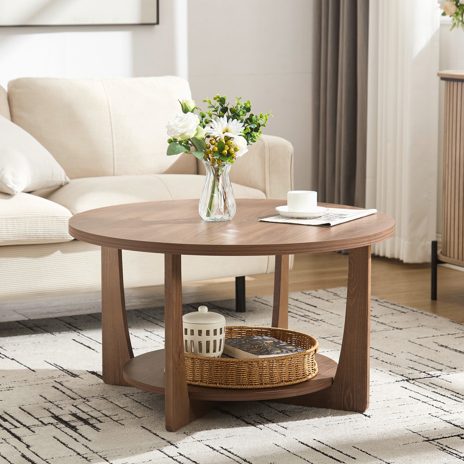 31.5" Round Coffee Table with Solid Wood Legs and 2-Tier Storage - 31.5"Dia x 17.72"H