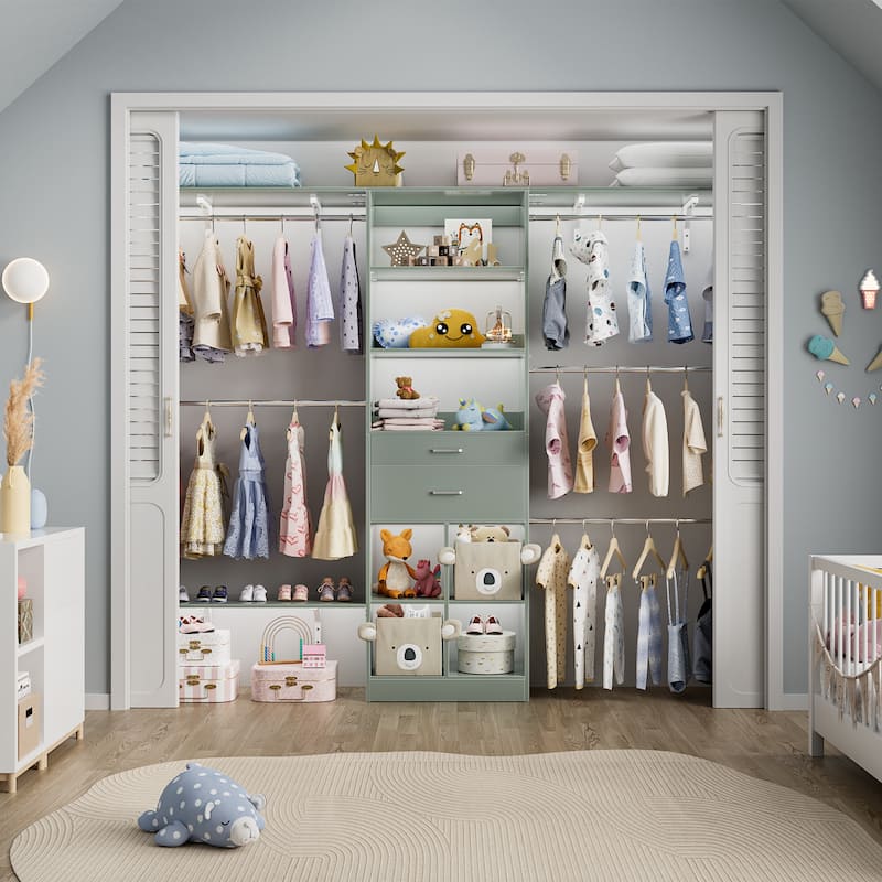 Closet System with Wooden Drawers & Cube Storage Organizer, 4.75-8FT Clothes Organizer Nursery & Walk-In Closets - Cyan