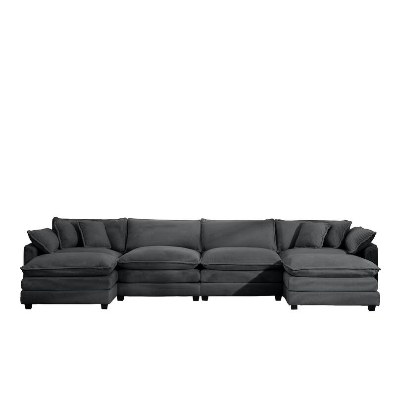 149.6" 4-Seat Corduroy Sofa Set with 3 Footstools, 2 Arm Pillows and 4 Throw Pillows