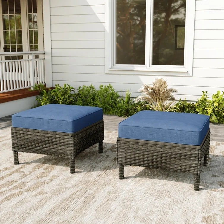 2-Piece Wicker Ottoman Patio Ottoman with Seat Cushion