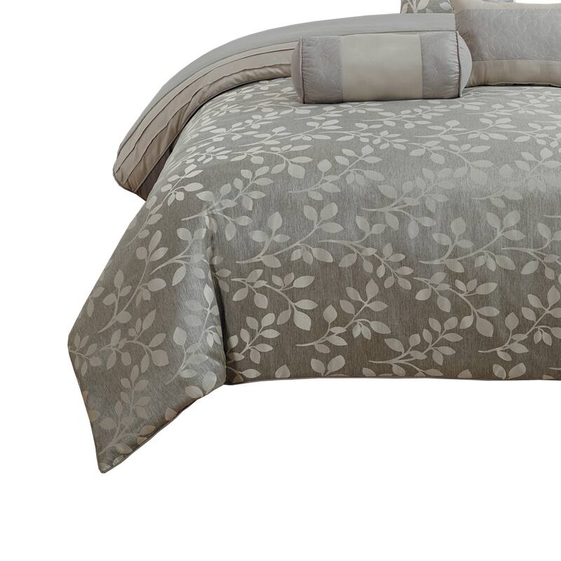 Queen Size 7 Piece Fabric Comforter Set with Leaf Prints, Gray