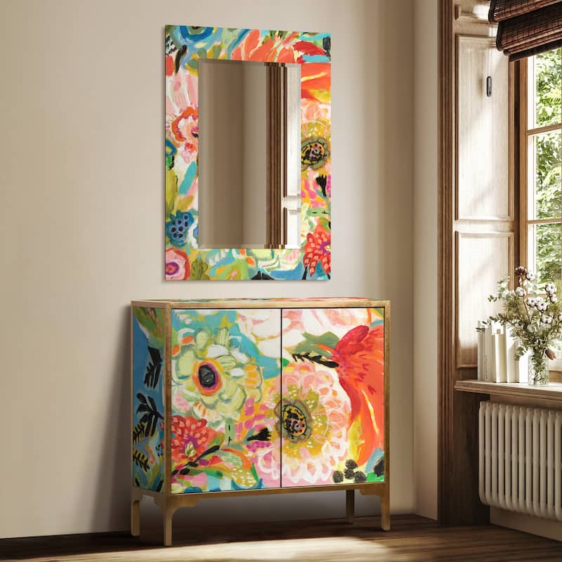 "Secret Garden Floral" Reverse Printed Beveled Art Glass Cabinet Console Table and Mirror Set