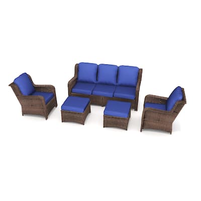 5 Piece Rattan Outdoor Patio Conversation Set, All Weather Hand Woven Wicker Sectional Sofa Set with Removable Cushions