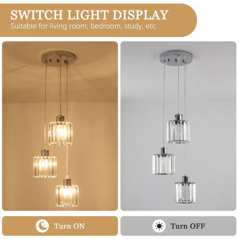 3-Light Modern Metal Hanging Pendant Light Ceiling Light Chandelier with Crystal Cover for Kitchen Island