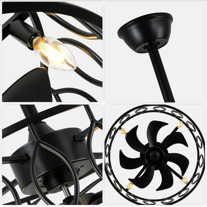 Bella Depot 19" Industrial Black Caged Ceiling Fan with Light Kit and Remote Control 6-Speed Reversible Motor - 18.9"