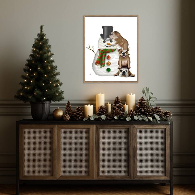 Christmas English Bulldogs Building Snowman by Fab Funky (23 x 28 in.), Framed Canvas Wall Art Print