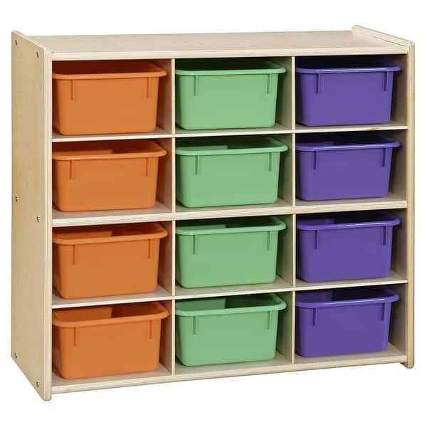 slide 2 of 5, Wood Designs 12 Cubby Storage Cabinet with Assorted Pastel Bins, Montessori Kids Toy Storage Organizer for Kindergarten - 30"