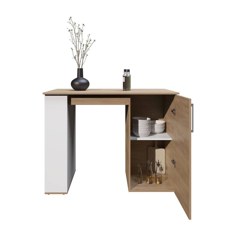 Allen 47" Wide Kitchen Island One Cabinet and Five Shelves, Bar Table, Dinning Table. Pub Table White- Natural Oak