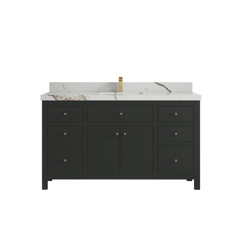 Willow Collections 60 in W x 22 in D Sonoma Free Standing Reeded Single Sink Bathroom Vanity with Countertop - 2" Calacatta Gold - Black Top