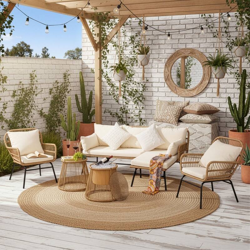 6-Piece Boho Wicker Patio Furniture Set, L-Shaped Sectional Sofa with Ice Bucket, 500 lbs Capacity Outdoor Conversation Set