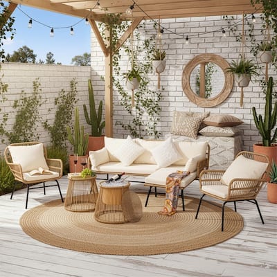 6-Piece Boho Wicker Patio Furniture Set, L-Shaped Sectional Sofa with Ice Bucket, 500 lbs Capacity Outdoor Conversation Set