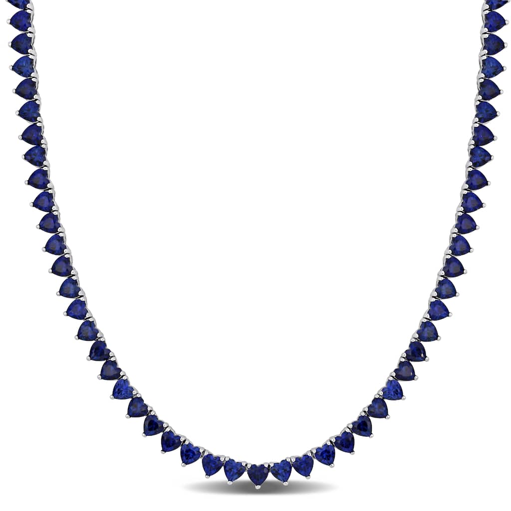 Miadora 31 1/5ct TGW Heart Created Blue Sapphire Tennis Necklace Sterling Silver