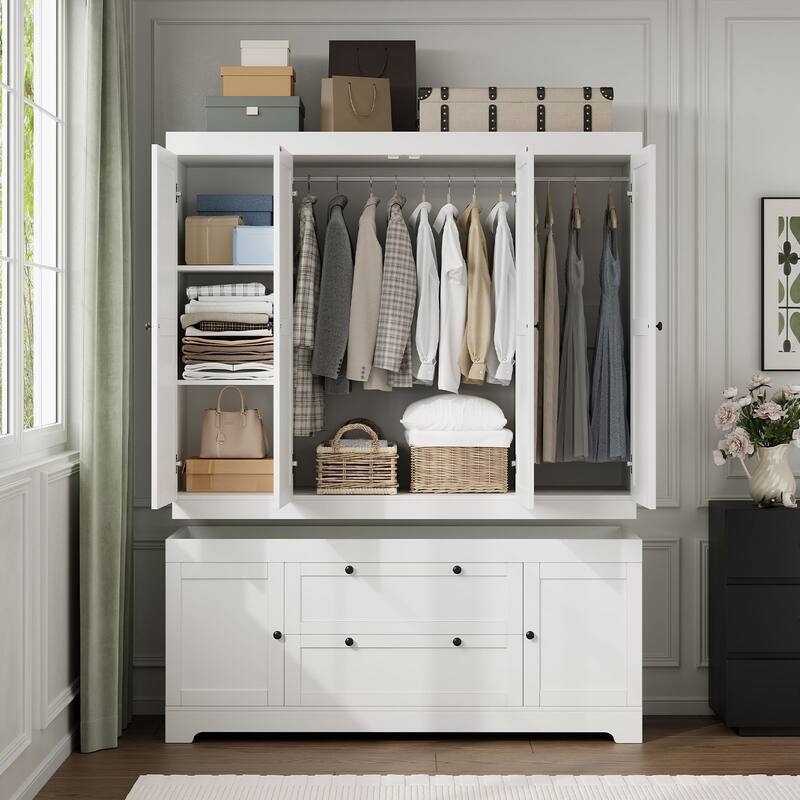 Gyomojoy Large White Wardrobe Closet with Drawers & Doors, Modular Armoire with Hanging Rods, Apartment & Dorm Storage