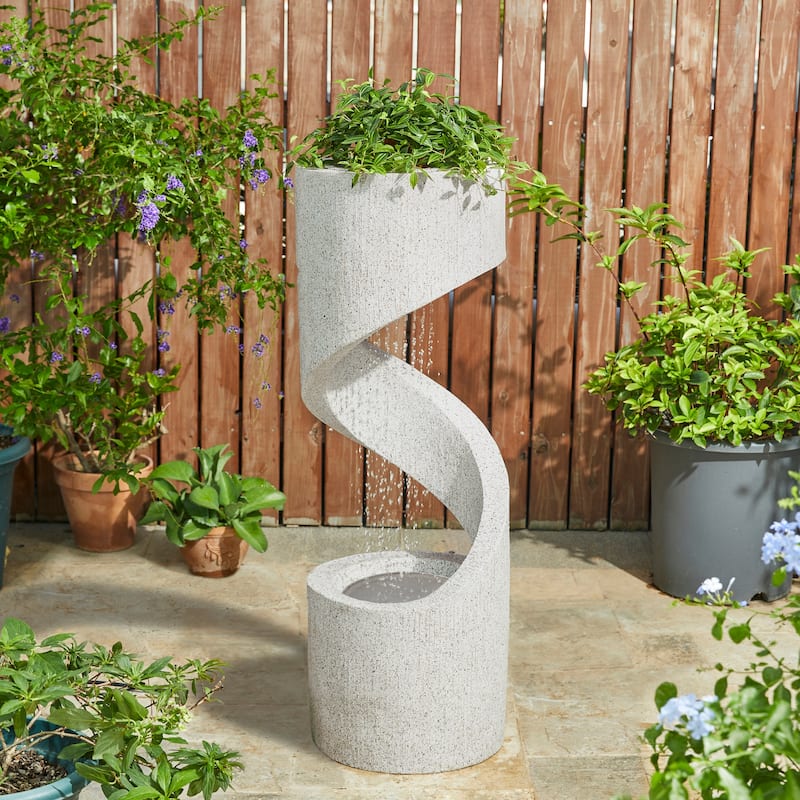 Glitzhome 40"H Modern Minimalist Spiral Oversized LED Polyresin Fountain with Planter